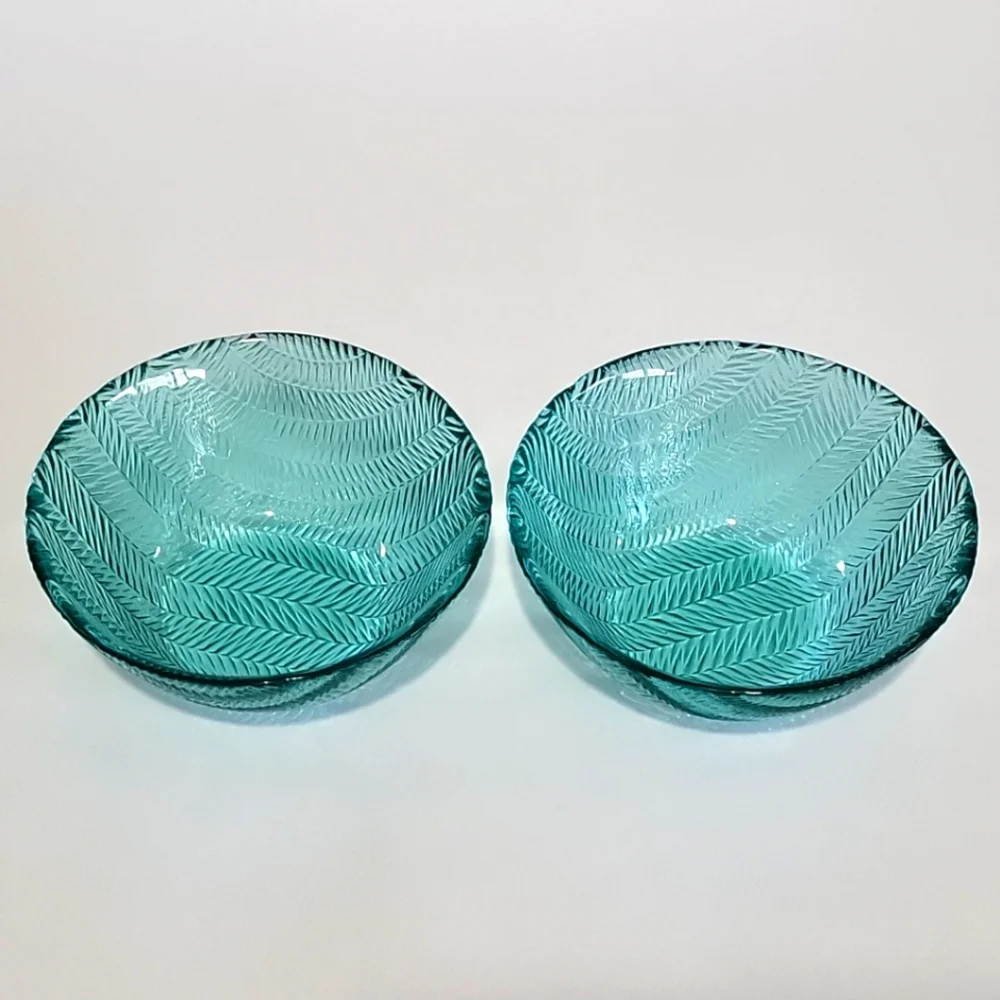 Vintage Arcoroc Turquoise Textured Herringbone Glass 5